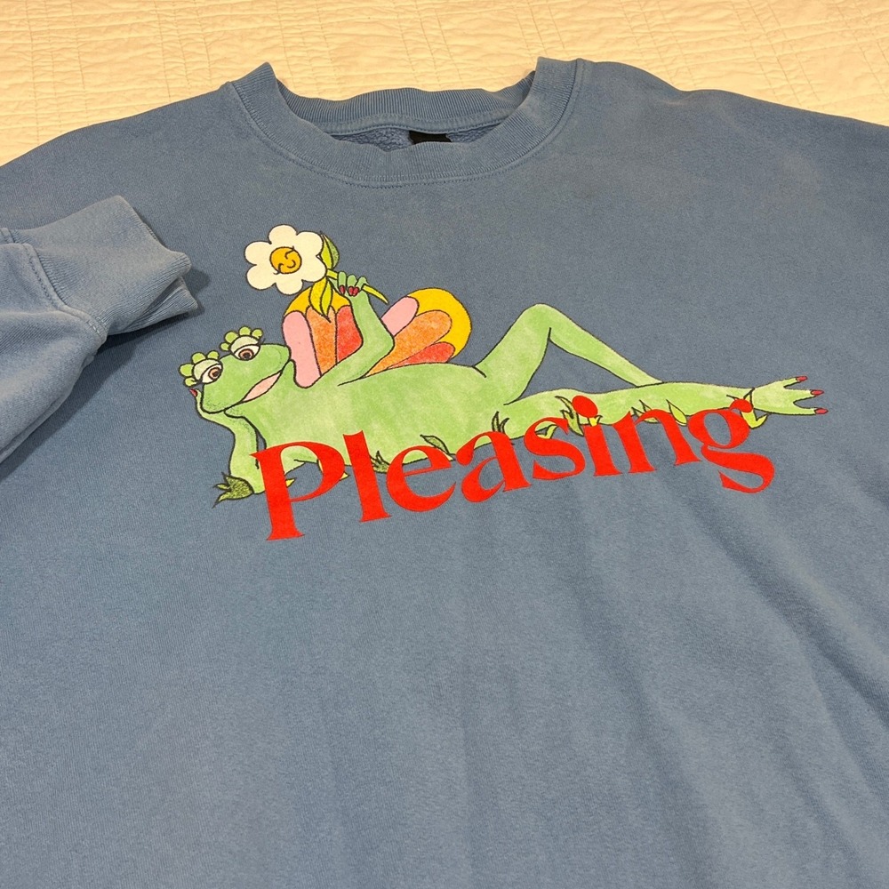 Pleasing Harry Styles Frog Graphic Crewneck Sweatshirt Blue XL Made in USA